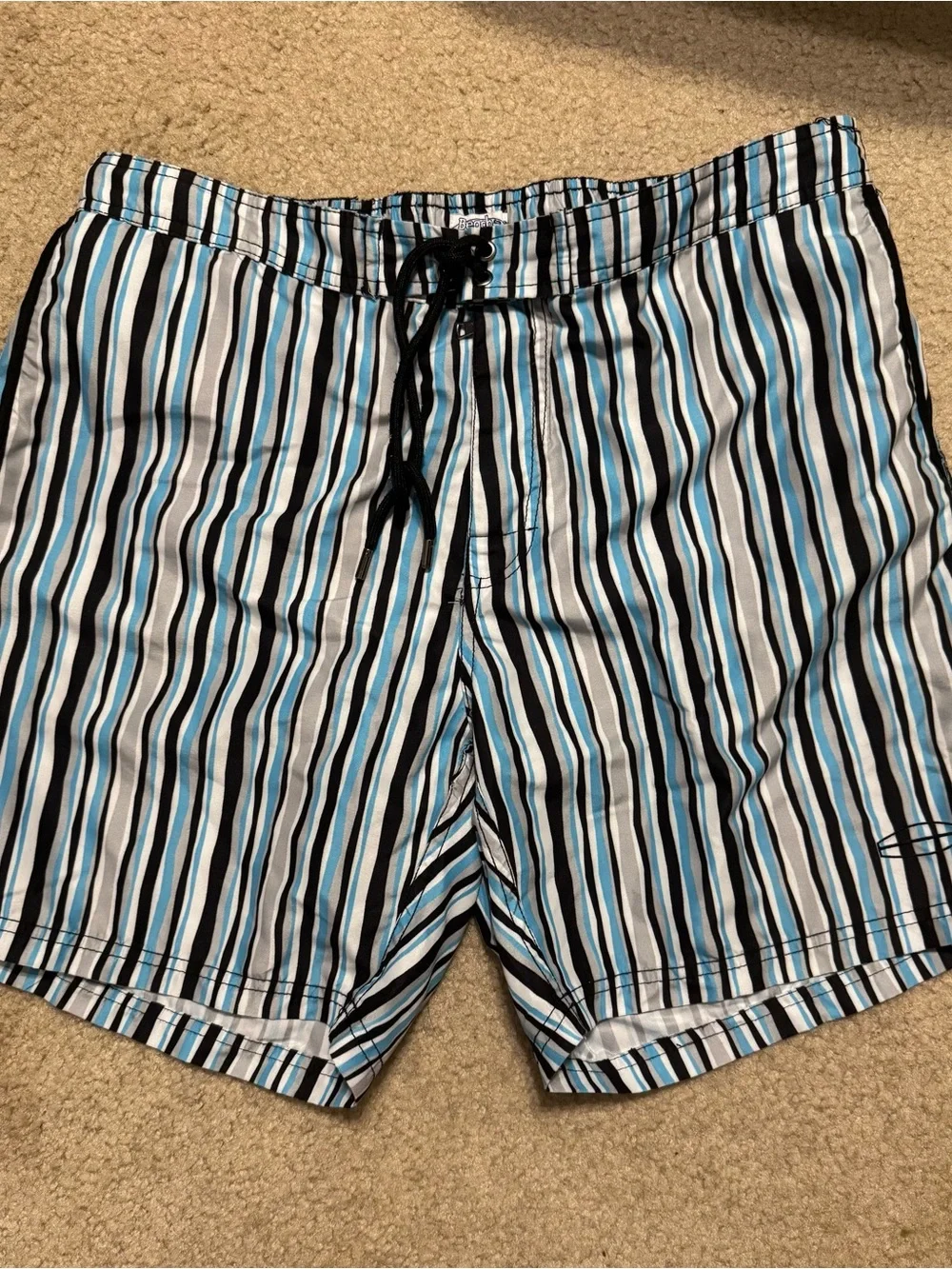 Men's Striped Blue Black White Swim Trunks with Drawstring